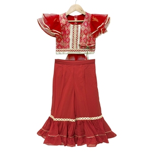 Haut brodé en brocart tissé Elaisha à manches courtes avec pantalon palazzo - Rouge et bordeaux - Product Image 1