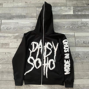 Private label rhinestone zip <b>up</b> hoodie streetwear custom cotton fleece oversized low moq - Product Image 3