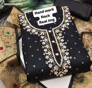 Dernière collection de costumes prêts-à-porter en modal avec motifs Butti sur toute la surface et broderies manuelles sur le col et les manches, avec pantalon et dupatta, vente en gros. - Product Image 2