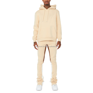 Ensemble de survêtement décontracté pour homme, beige, à capuche, en coton, coupe ample, couleur unie, avec cordon de serrage à la taille - Product Image 3
