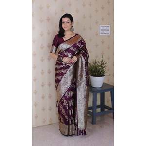 Sari Banarasi Jaal Meenakari Zari Tejido para Mujer con Seda Suave Color Vino, Blusa y Camisa Elegantes y Lujosas - Product Image 6
