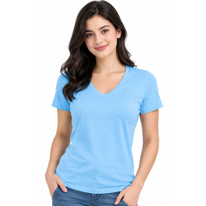 T-shirt col en V pour femme, coupe ajustée élégante, en coton, décontracté, confortable, respirant, manches courtes, fabricant de vêtements en gros - Product Image 1
