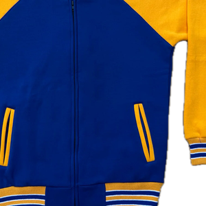 Chaqueta Bomber de Invierno SGRho Azul Rey de Forro Polar con Letras de Chenilla Personalizadas, Mangas de Cuero y Bordado, con Calefacción - Product Image 6