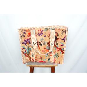 Women's Bohemian Tote <b>Bag</b> with Open Closure Solid Cotton Floral Motifs Hand-Blocked Screen Print Foldable - Product Image 1