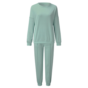 Ensemble de survêtement 2 pièces vert menthe pour femme, manches longues, col rond, coupe ample, vêtements décontractés, en coton tricoté, molleton, toutes saisons - Product Image 3