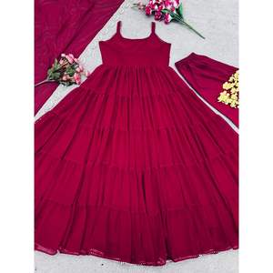 VESTIDO DE FIESTA GEORGETTE VESTIDO LISO FONDO CON BORDADO TRABAJO DUPATTA ROJO - Product Image 6