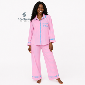 Ensemble de pyjama rayé pour femmes Gamma Phi Delta, pyjama à manches longues boutonné sur le devant, pyjama de détente avec bordure contrastée et pantalon à cordon de serrage - Product Image 6