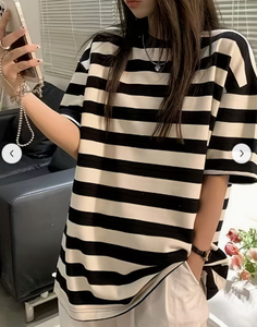 Women <b>Red</b> White Striped Short Sleeve ONeck <b>TShirt</b> Loose Fit Casual Top Spring Summer 100% Cotton Knitted Breathable Daily Wear - Product Image 4