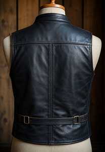 Chaleco de moto de cuero negro genuino con cremallera y cierre de cinturón, cuello mandarín, prenda exterior - Product Image 5