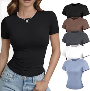Camisetas Básicas Ajustadas Aura Slim para Mujer, Cuello Redondo, Corte Ajustado, Camisetas Cortas Modernas Y2K, Ropa para el Verano Informal - Product Image 1
