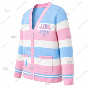 Vente en gros de cardigans tricotés personnalisés Jack and Jill of America JJOA pour femmes, manches longues, col en V profond, rayé rose et bleu - Product Image 3