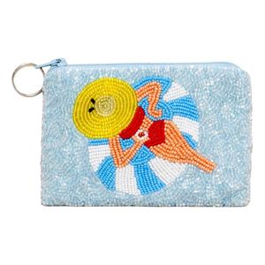 Beach Girl Embroidered Beaded Coin Purse With Zipper And <b>Key</b> Ring <b>Square</b> Casual Travel Accessory - Product Image 1
