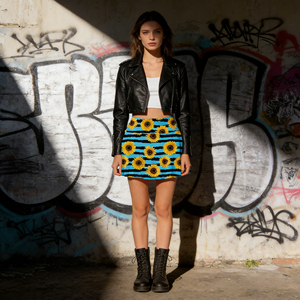 Ventes flash sur Temu |   Jupe évasée tendance à imprimé tournesol, mini-jupe taille haute à rayures turquoise et noires pour l'été - Product Image 2