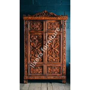Luxury Handcrafted Solid Wood 2 Door <b>Wardrobe</b> Ornate Botanical Carving Antique Honey Oak Armoire - Product Image 4