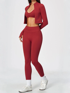 Conjunto de Yoga de 3 Piezas de Spandex/Nylon Cepillado, Ajustado, Moldeador, de Secado Rápido, Transpirable, Elástico en Cuatro Direcciones, Cintura Alta y Cuello en V - Product Image 5