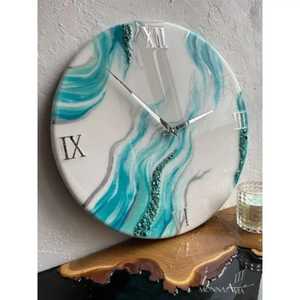 Modern Teal Fluid Art Epoxy Resin Wall <b>Clock</b> Silver Roman Numerals Round Silent Marble Style <b>Clock</b> for Bedroom Wall Decor - Product Image 1