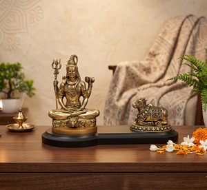 Antique Brass Lord Shiva Idol Nandi Set Wooden Base Handcrafted Meditating Adiyogi Shiva <b>Statue</b> Trishul Outdoor Tabletop - Product Image 1