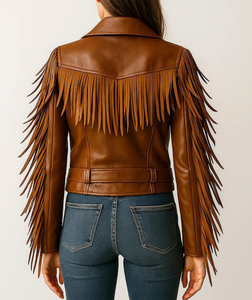 <b>western</b> Women's Brown Genuine Leather Motorcycle <b>Jacket</b> With Fringe <b>Western</b> Style Full Sleeve Zipper Closure Autumn Wear - Product Image 5