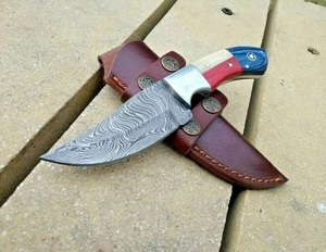 Handmade Industrial Damascus Steel Hunting <b>Knife</b> With Colour <b>Bone</b> <b>Handle</b> and Leather Sheath for Outdoor Camping - Product Image 1