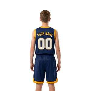 Custom <b>Mens</b> <b>Navy</b> Gold Basketball Uniform Set V Neck Sleeveless Jersey <b>Shorts</b> Contrast Trim White Numbers Wholesale Teamwear Kits - Product Image 2