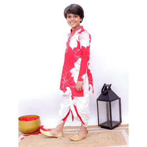 Conjunto de Kurti y Dhoti de Algodón con Estampado de Margaritas Rojas y Blancas para Fiestas de Niñas - Product Image 6