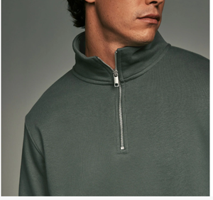 Sweat-shirt respirant en molleton de coton sur mesure 2026, élégant, à col montant, fermeture éclair 1/4, couleur verte unie, coupe régulière, OEM - Product Image 5