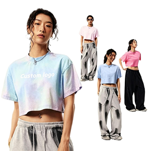 Haut court tie-dye pour femme, manches courtes, col rond, coupe ample, en jersey de coton, décontracté, printemps-été, imprimé logo tie-dye - Product Image 1