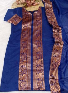Women's Blue Cotton Kurta With Brown Embroidered Border Traditional <b>Indian</b> Kurti For Diwali Occasion Ankle-Length Regular Fit - Product Image 6