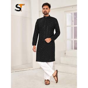 DESIGNER RAYON CHICKENKARI WORK <b>MENS</b> <b>KURTA</b> <b>PAJAMA</b> BLACK Achkan Bandhgala Sherwani - Product Image 1