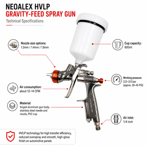 Kit de Pistola de Pulverización por Gravedad Neoalex W400 HVLP con Vaso de 600 ml, Juego de Pistola de Pintura Automotriz Profesional para Repintado de Automóviles y Barnizado - Product Image 3