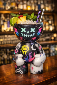 Vaso de cóctel de cerámica con diseño de personaje de dibujos animados, con hielo, limón, cereza y pajitas, diseño esmaltado en blanco. - Product Image 3