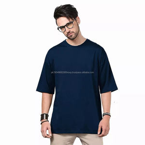 Proveedor de camisetas de algodón extragrandes azul marino que ofrece impresión de logotipos personalizados para ropa de calle informal para hombre - Product Image 4