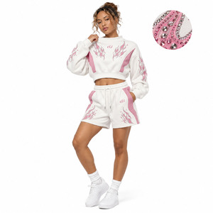 Y2K Rhinestone Graphic White Pink Cropped Sweatshirt <b>Shorts</b> Set Custom Heavyweight Fleece Women's <b>Sparkly</b> Tracksuit OEM Factory - Product Image 1