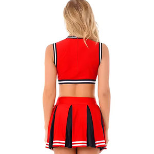 Ensemble d'uniforme de cheerleading Econex Sports rouge à capuche pour adulte, avec crop top sans manches et jupe plissée, imprimé par transfert thermique, color block - Product Image 2