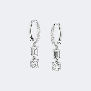 1.40 CTW Round &Emerald Cut Diamond Two-<b>Stone</b> Huggie Dangle Earrings - Product Image 2