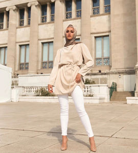 Robe longue droite en maille pour femme, style modeste, à manches amples plissées, devant ouvert, couleur personnalisable, coupe naturelle, pour femme musulmane - Product Image 2