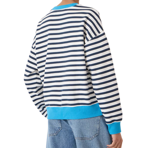 Custom <b>Womens</b> Navy <b>White</b> Striped <b>Sweatshirt</b> Turquoise Crew Neck Cuffs Hem Long Sleeve Boxy Fit Wholesale Casual Pullover Apparel - Product Image 4