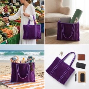 Luxury Purple Cotton Velvet Tote Bag Women Zipper Double Handle Shoulder Travel Everyday Use <b>Handbag</b> - Product Image 2