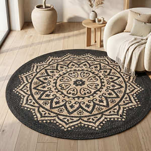 Alfombra de Yute Trenzado con Estampado de Mandala Negro para Sala de Estar, Estilo Contemporáneo, Orgánico, Moderno y Nórdico - Product Image 1