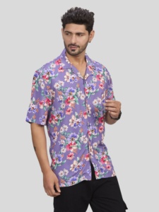 เสื้อเชิ้ตฮาวายแขนสั้นลายดอกไม้สีม่วงสำหรับผู้ชาย ปกคอพับ ระบายอากาศได้ดี เป็นมิตรกับสิ่งแวดล้อม ป้องกันรังสียูวี เหมาะสำหรับวันหยุดฤดูหนาว สวมใส่สบายๆ - Product Image 2