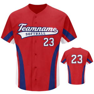 Jersey de Softbol Sublimado con Botones para Mujer, Corte Ajustado, Rojo y Azul, Uniforme Personalizado para Equipo con Diseño de Número en la Espalda - Product Image 1