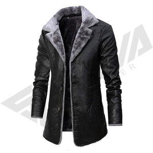Chaqueta Larga de Cuero PU Negra para Hombre con Forro de Piel Sintética, Cuello en V, Cálida, Bordada, Resistente al Viento, Estilo Motero, Corte Ajustado, Abrigo de Invierno - Product Image 4