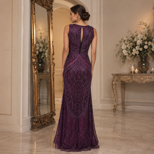 Women's Luxury Modern Purple <b>Sequin</b> Draped Evening Gown Sleeveless V Neck Embellished Maxi Dress Formal Party Prom Wedding - Product Image 2
