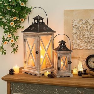 Rustic <b>Square</b> Wooden Candle Lantern Distressed Solid Wood <b>Glass</b> Pane Metal Top for Wedding Christmas Home Decor - Product Image 3