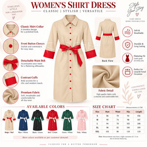 Robe chemise beige Cosh International avec poignets contrastants rouges et ceinture, coupe ajustée, longueur genou, col rabattu, tenue de bureau, Sœur d'âme - Product Image 6