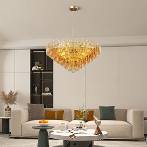 Extra Large 37\" Modern Gold 14-<b>Light</b> <b>Chandelier</b> for Living Room Tiered Brass & Smoke Blown Glass Pendant <b>Lights</b> - Product Image 1