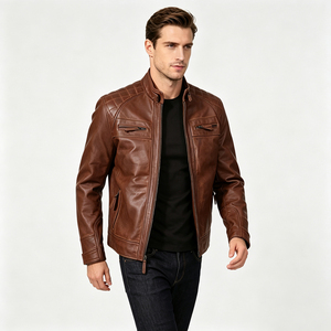 Veste moto en cuir véritable, coupe ajustée, fermeture éclair, col rabattable. - Product Image 2