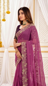 AARA Fashion <b>Purple</b> Embroidered <b>Saree</b> Blouse for Wedding Indian Traditional Wear Women Floor Length Polyester Sari Sun - Product Image 5