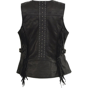 Samroz Sports Women's Black Fringed Leather <b>Rivet</b> Detail Side Buckle and Zipper Motorcycle Rider Vest - Product Image 2