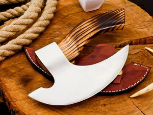 Cuchillo para cortar pizza Ulu, hoja de acero al carbono, mango de madera, forma de punta caída, hecho a mano, herramienta para exteriores, Timber Steel Enterprises, 3 años de garantía - Product Image 3